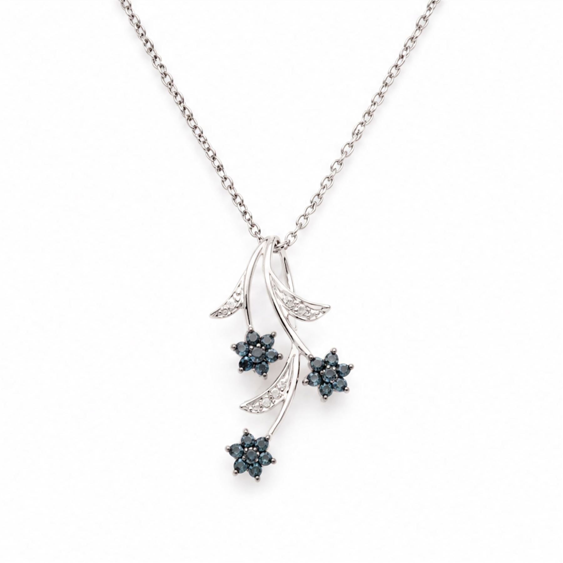 9ct white gold blue and white diamond flower pendant necklace, hallmarked