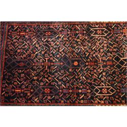 Large Persian indigo ground Herati runner rug, the busy field decorated with repeating geometric and Herati motifs in contrasting tones, enclosed by multiple guard stripes