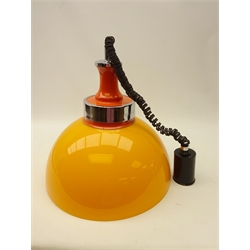  Mid-Century orange perspex pendant light fitting, rise & fall with extendable cable in the style of Harvey Guzzini, D38cm   