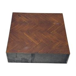 House of Fraser - contemporary parquet display stand, square herringbone-patterned wooden top over a patinated metal base