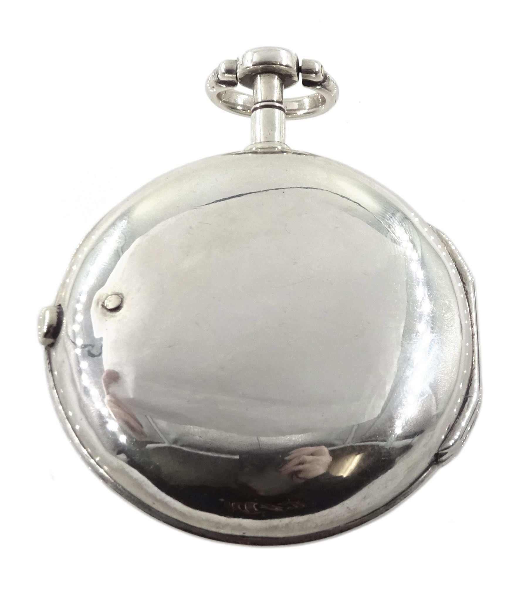 18th century silver pair cased verge fusee pocket watch for the Turkish market by Markwick Markham (London ca.1725-1805), square baluster pillars, pierced and engraved balance cock, white enamel dial with Turkish numerals