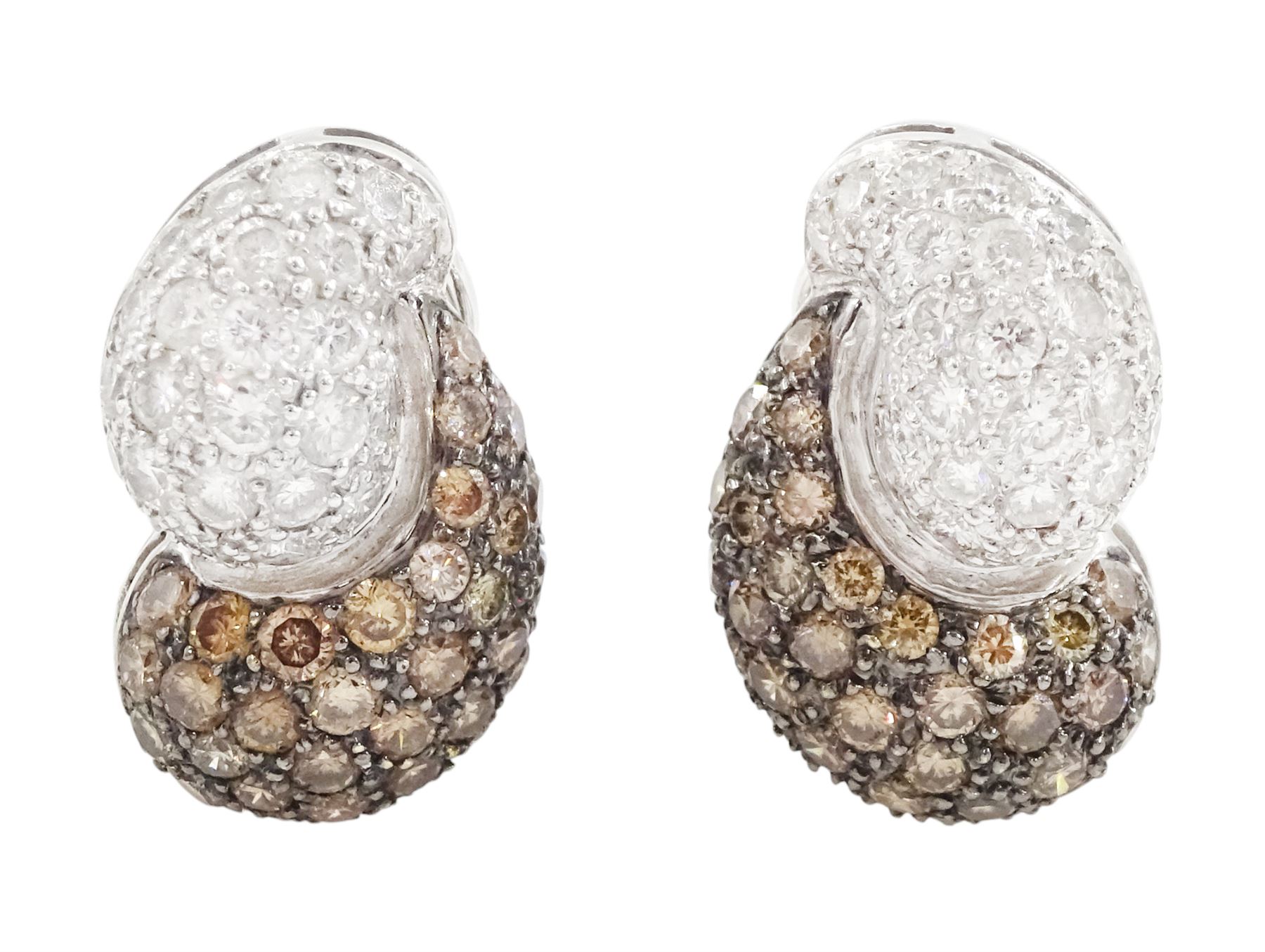 Pair of 18ct white gold pave set, round brilliant cut white and fancy brown diamond stud earrings, stamped 750