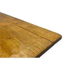 Gnomeman - large oak refectory dining table, rectangular adzed top on shaped end supports with sledge feet, united by pegged stretcher, carved with gnome signature, by Thomas Whittaker, Little Beck