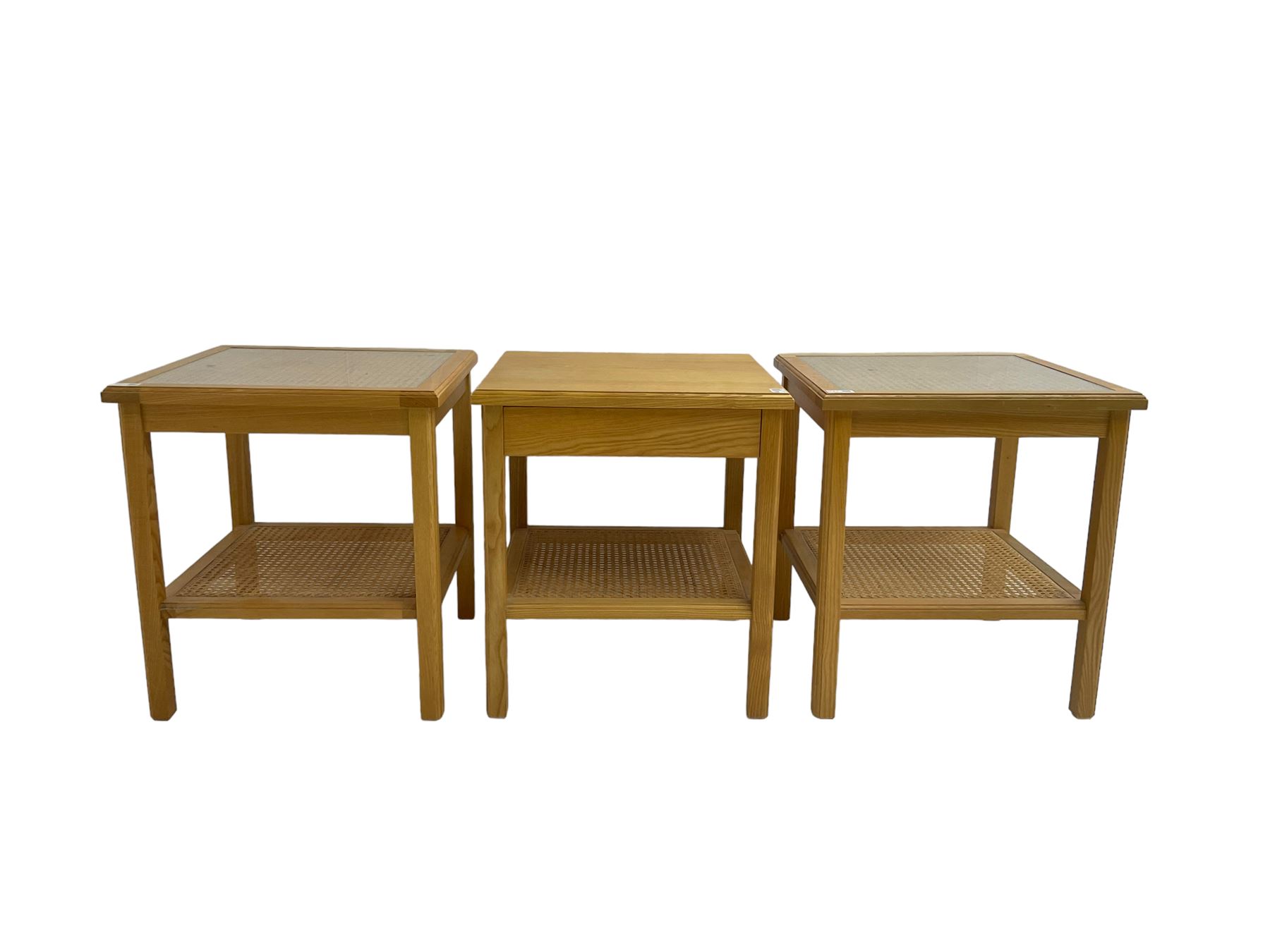 Pair beech bedside tables, square top with canework inset and cane under-tier, together with another similar 