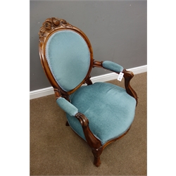  Victorian walnut framed open armchair, floral carved cresting rail, serpentine seat, shell carved cabriole legs, W63cm  