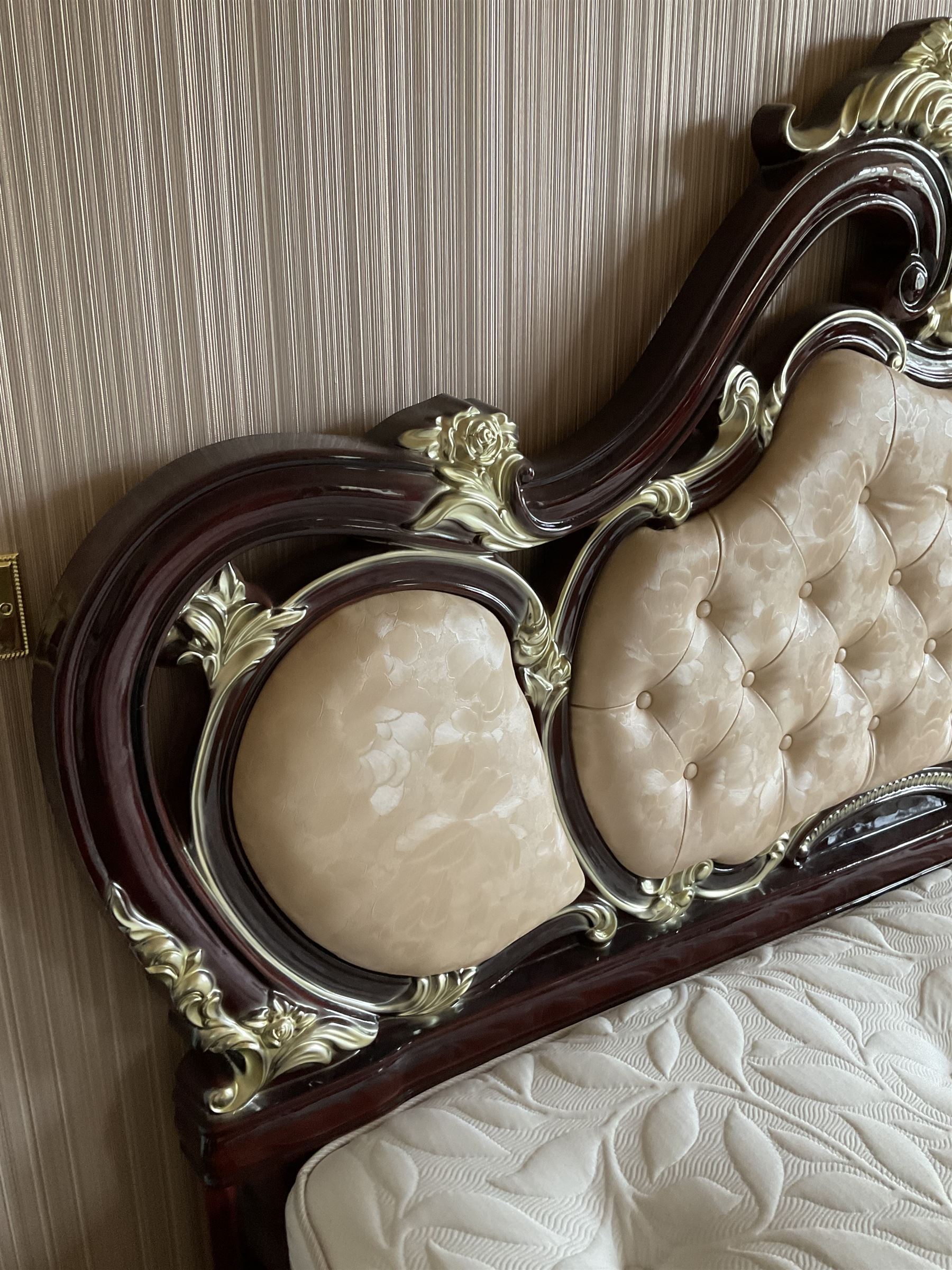 Rococo style 6' Super Kingsize bed, ornate shaped and floral design in wood finish, upholstered buttoned headboard, decorated with scrolled foliate and flower heads, together with mattress