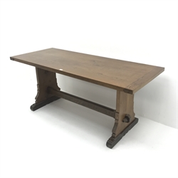 20th century oak refectory table, shaped solid end supports joined by single undertier, sledge feet, W183cm, H77cm, D76cm