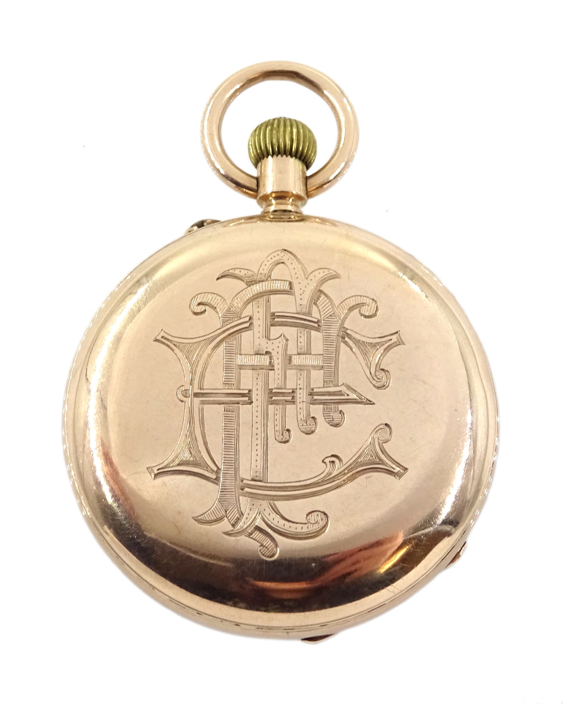 Edwardian 9ct rose gold open face, ladies keyless lever pocket watch by Marsh & Co, Birmingham, no. 1451, white enamel dial with Roman numerals, back case engraved with initials, case makers mark W.S, Chester 1902