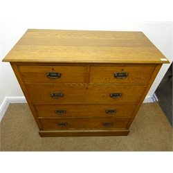  Edwardian oak chest, moulded top, two short and three long drawers, plinth base, W105cm, H104cm, D51cm  
