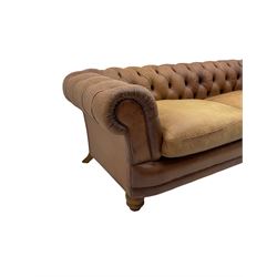 Chesterfield sofa, 2/3 seater upholstered in deeply buttoned tan leather