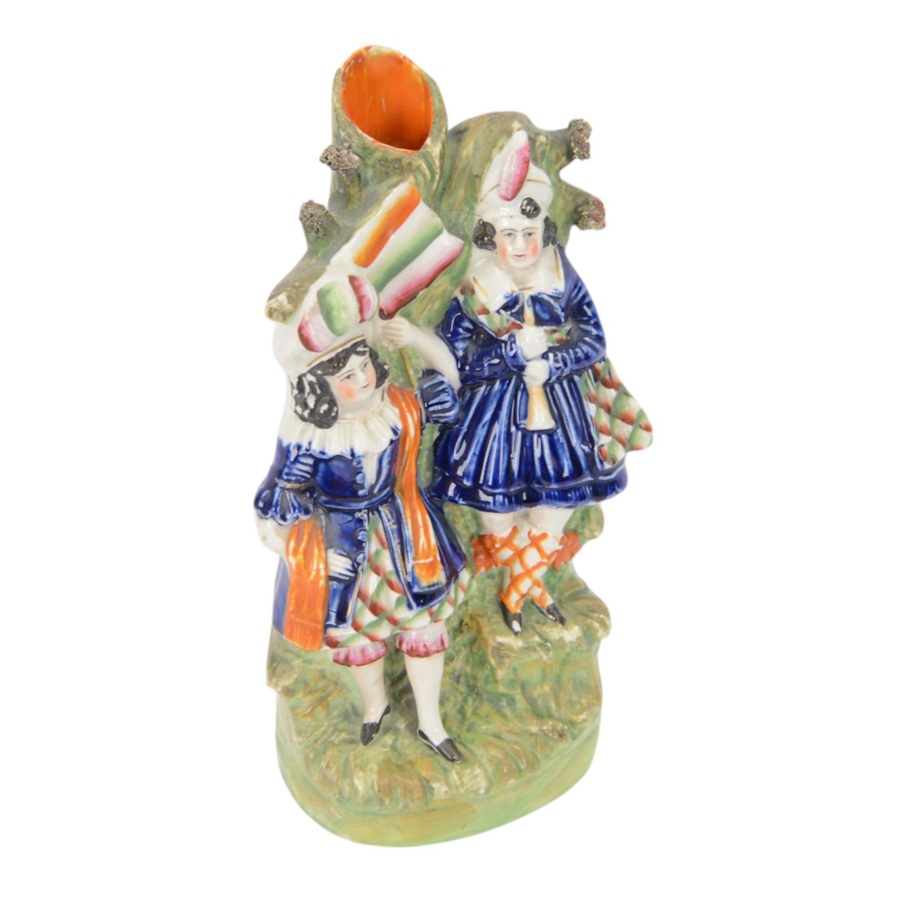 Continental figure group L' Amour,, together with a pair of courting figures and Staffordshire spill vase 