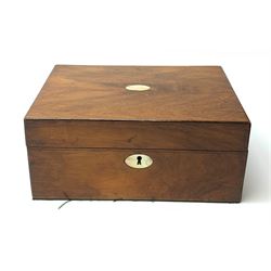 A late Victorian walnut box, with mother of pearl escutcheon, and oval plaque to the hinged cover, opening to reveal a later interior, L27cm. 