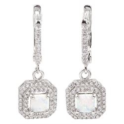 Pair of silver cubic zirconia and opal cluster pendant earrings, stamped 925