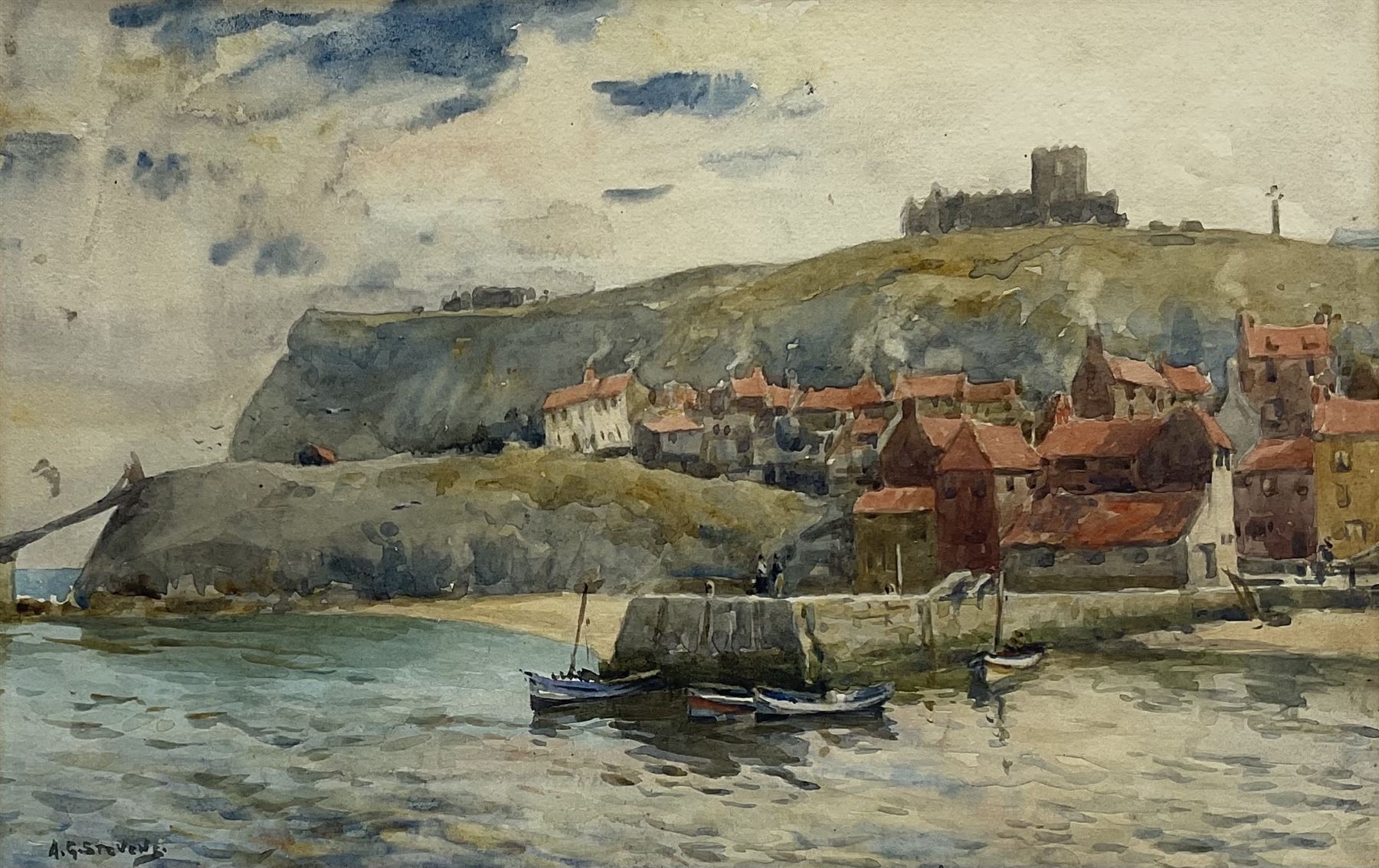Albert George Stevens (Staithes Group 1863-1925): Tate Hill Pier Whitby, watercolour signed 19cm x 30cm