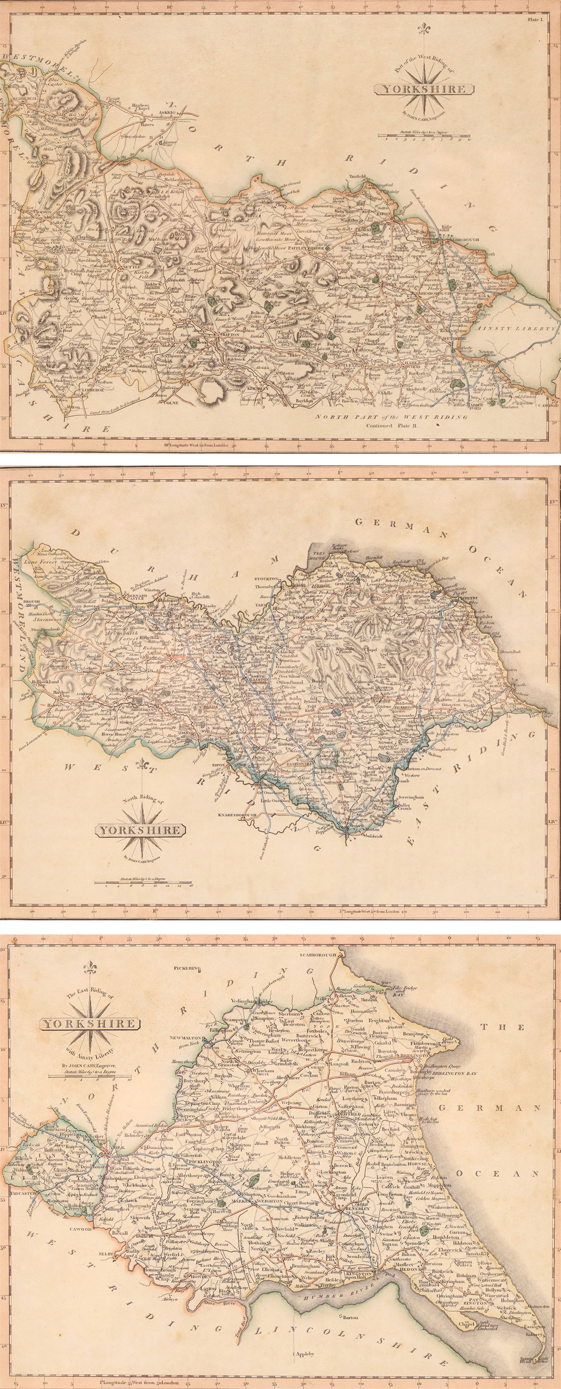 John Cary (British c.1755-1835): 'North Riding of Yorkshire' 'East Riding of Yorkshire' and 'Part of the West Riding of Yorkshire', three early 19th century engraved maps with hand-colouring 22cm x 27cm (3)