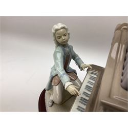 Lladro figure, Young Bach, modelled as a young Johann Sebastian Bach playing the piano, on a mahogany oval base, limited edition 2348/2500, in original box, no 1801, year issued 1994, year retired 1995, H29cm