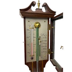 A 20th century mercury stick barometer in an earlier 18th century style,
with a swan’s neck pediment and inlaid square cistern cover, enclosed silvered register with vernier and spirit thermometer, indicating barometric air pressure from 27 to 31 inches, with weather predictions and room temperature measured in both degrees Celsius and Fahrenheit. H70cm


