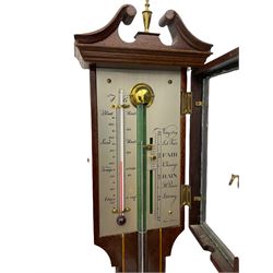 A 20th century mercury stick barometer in an earlier 18th century style,
with a swan’s neck pediment and inlaid square cistern cover, enclosed silvered register with vernier and spirit thermometer, indicating barometric air pressure from 27 to 31 inches, with weather predictions and room temperature measured in both degrees Celsius and Fahrenheit. H70cm


