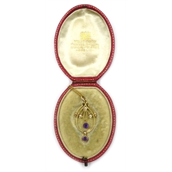  Art Nouveau gold amethyst and seed pearl pendant necklace stamped 9ct in original West & Son The King's jewellers 102&103 Grafton Street Dublin 43cm  