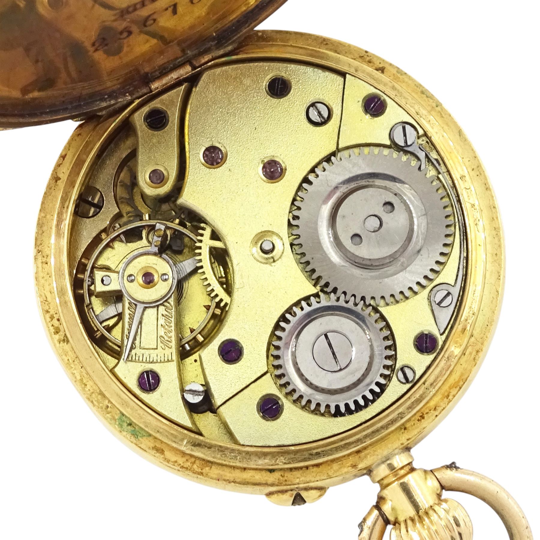 Early 20th century 18ct gold open face keyless lever ladies fob watch, white enamel dial with Roman numeral hour markers and subsidiary seconds dial, the back case decorated with an enamelled blue pansy set with a single rose cut diamond, stamped 18k with Helvetia hallmark