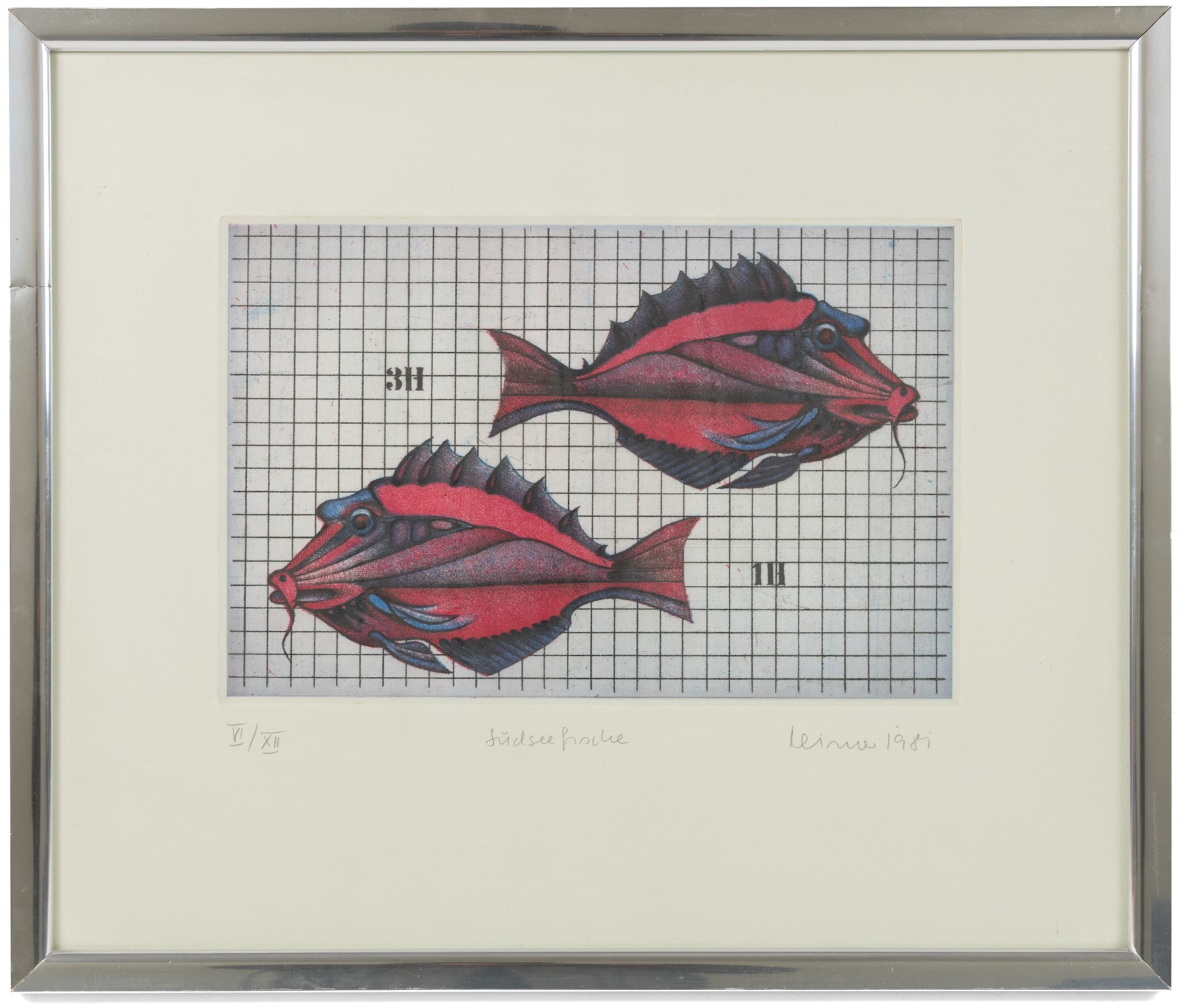 Hans-Joachim 'Jockel' Reisner (German 1938-2023): 'South Sea Fish', limited edition coloured etching signed titled dated 1989 and numbered 6/12 in pencil 20.5cm x 31.5cm (2)
Notes: Reisner is best known for creating the Bradford City Fire Memorial in 1986. His style of printmaking is characterised by geometric lines and shapes, influenced by his degree in engineering.