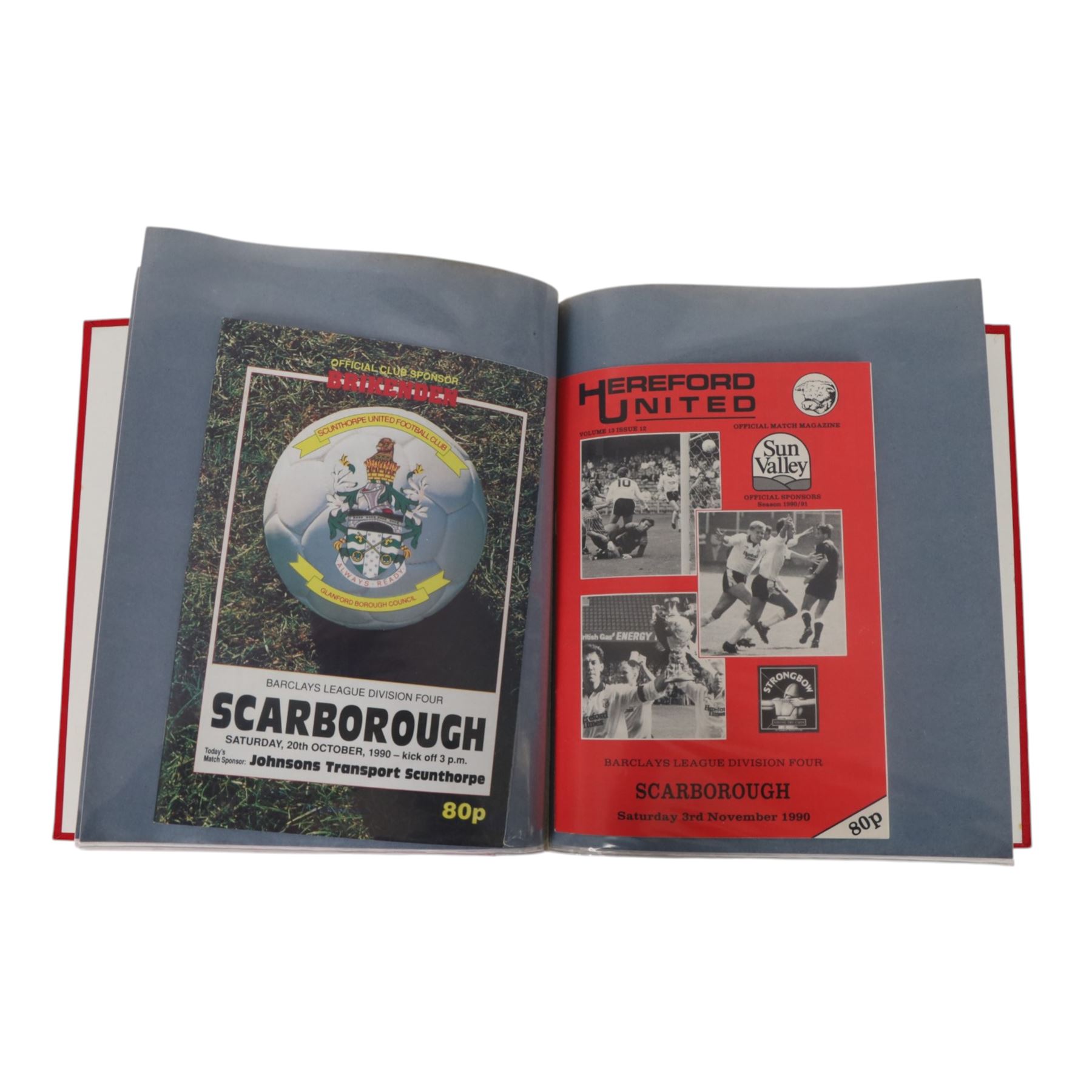 Comprehensive collection of approximately one hundred and seventy Scarborough FC football programmes for the 1990/91, 1991/92 and 1992/93  seasons, all filed within six dedicated Scarborough FC red Home and Away binders