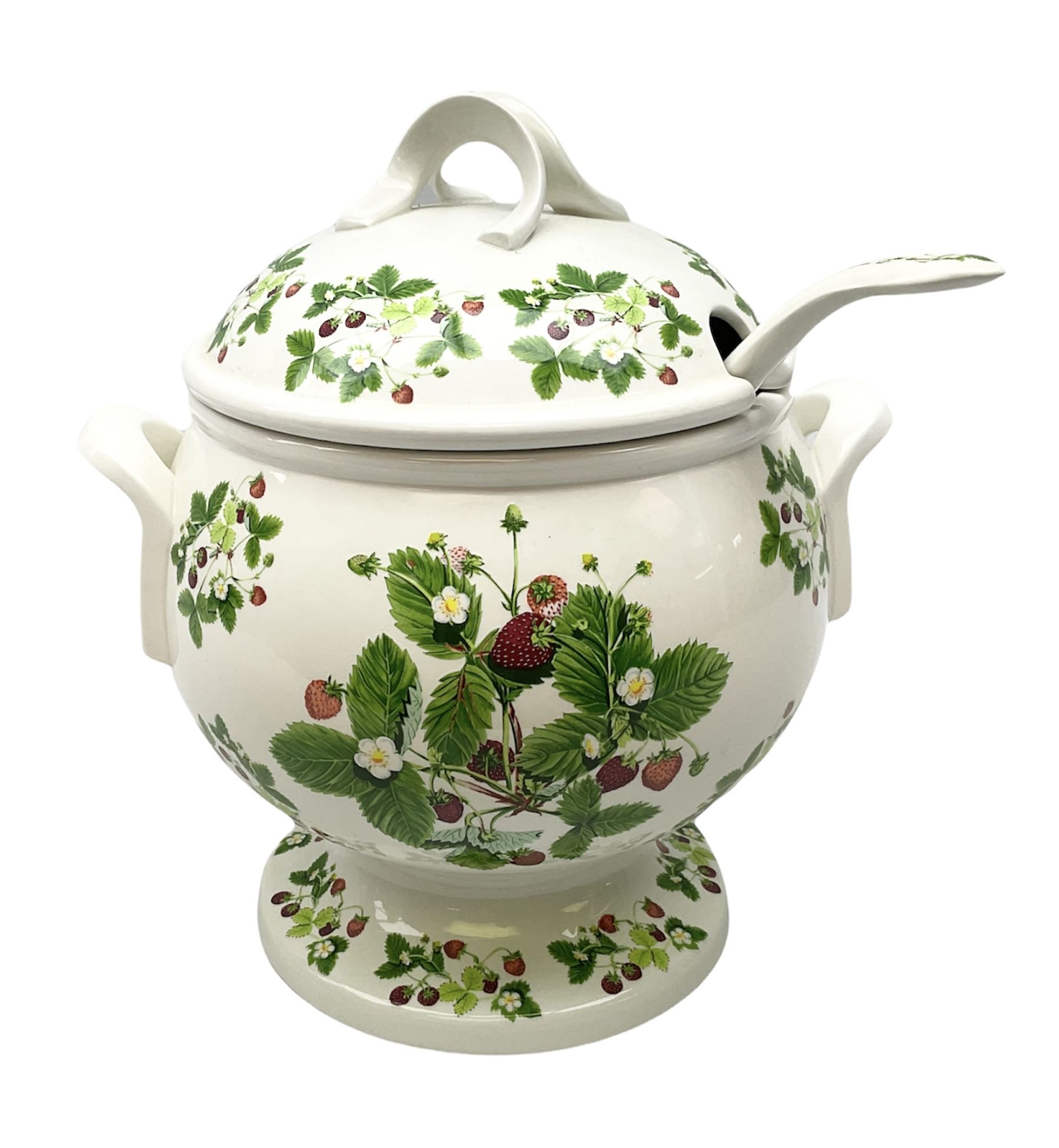 Large Portmeirion decorated in the 'Summer Strawberries' pattern soup tureen and ladle with twin handles, H32cm