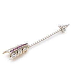 Early 20th century 18ct gold and platinum diamond and ruby arrow brooch