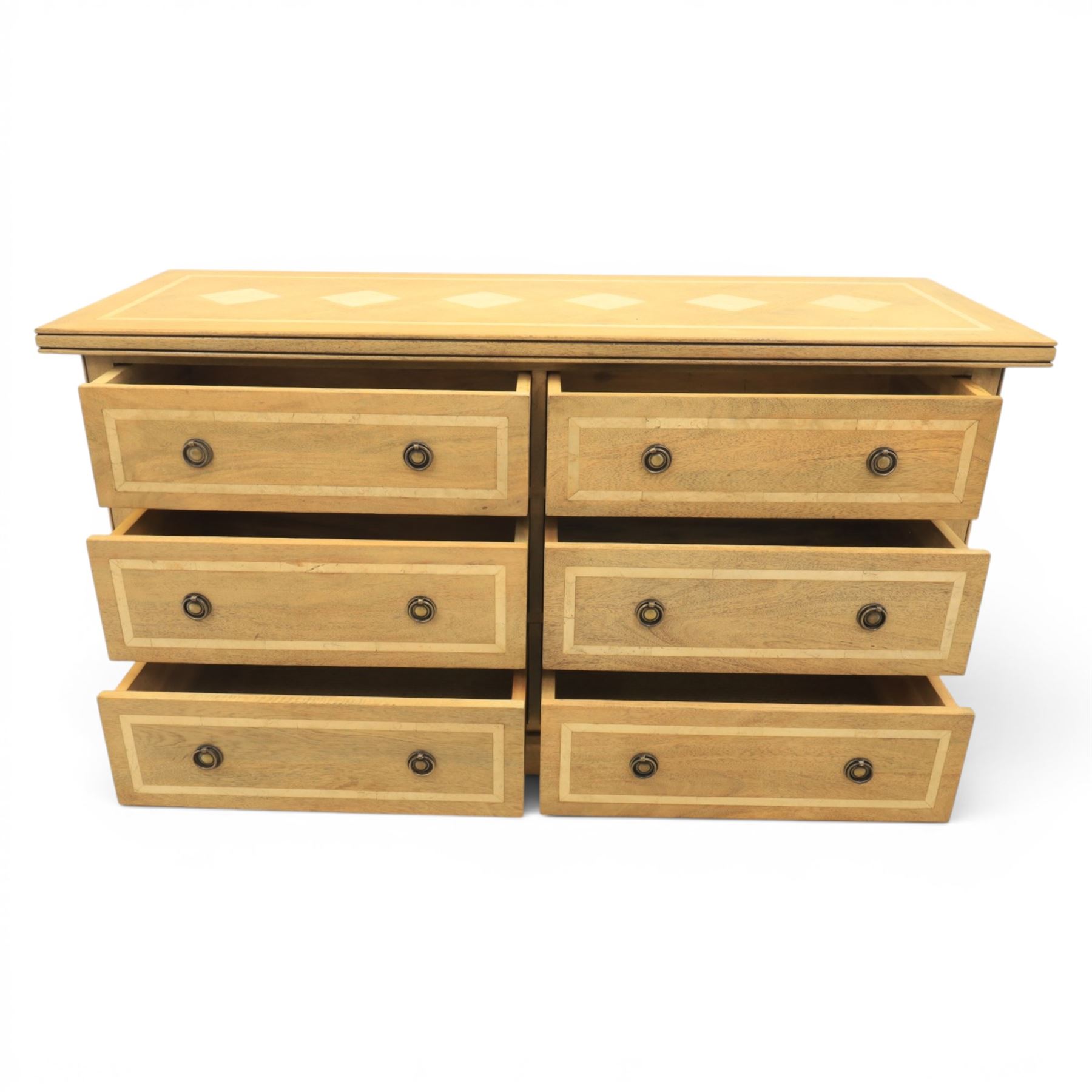 Barker & Stonehouse - contemporary flagstone and mango wood sideboard, rectangular top with inlaid flagstone, above six short drawers with metal ring pull handles, raised on a plinth base with bracket feet