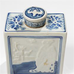 Two Chinese blue and white tea caddys, and another with famille rose design and engraved metal lid, larger H16cm (3)