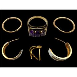 Two pairs of 9ct gold hoop earrings, three 9ct gold earring backs and an 8ct gold three stone ring