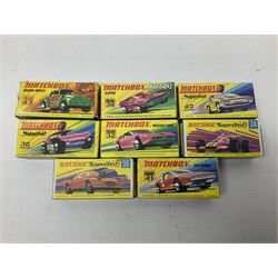 Matchbox 1-75 Series ex-shop stock - eight models comprising 30d Beach Buggy, 32d Maserati Bora, 34d Formula 1 Racing Car, 36d Hot Rod Draguar, 39d Clipper, 40d Vauxhall Gildsman, 41d Siva Spyder and 43d Dragon Wheels; all boxed (8)