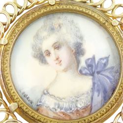 14ct gold portrait pendant, set with a circular miniature of a woman after Elisabeth Vigee Le Brun (French 1755-1842) on ivory, signed Le Brun, under a glazed panel, within a pierced scroll frame. This lot has been registered for sale under Section 10 of the APHA Ivory Act
