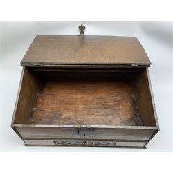 18th century oak bible box, the hinged sloped top with incised decoration above a single drawer with carved detail 'C.C. 1727', H32cm L63cm D44.5cm 