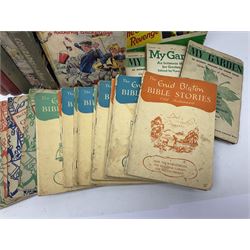 Collection of children's books, annuals and similar, including Enid Blyton; Bible Stories, full set of fourteen, Macmillan and Co 1955, Anthony Buckeridge; Rex Milligan Reporting, first edition Lutterworth Press 1961 and Rex Milligan Raises the Roof, second impression Lutterworth Press, 1956, apt. W.E Johns; Kings of Space, Biggles Follows on, Biggles Learns to Fly, Comrades in Arms, thee copies of My Garden an Intimate Magazine for Garden Lovers etc (29)