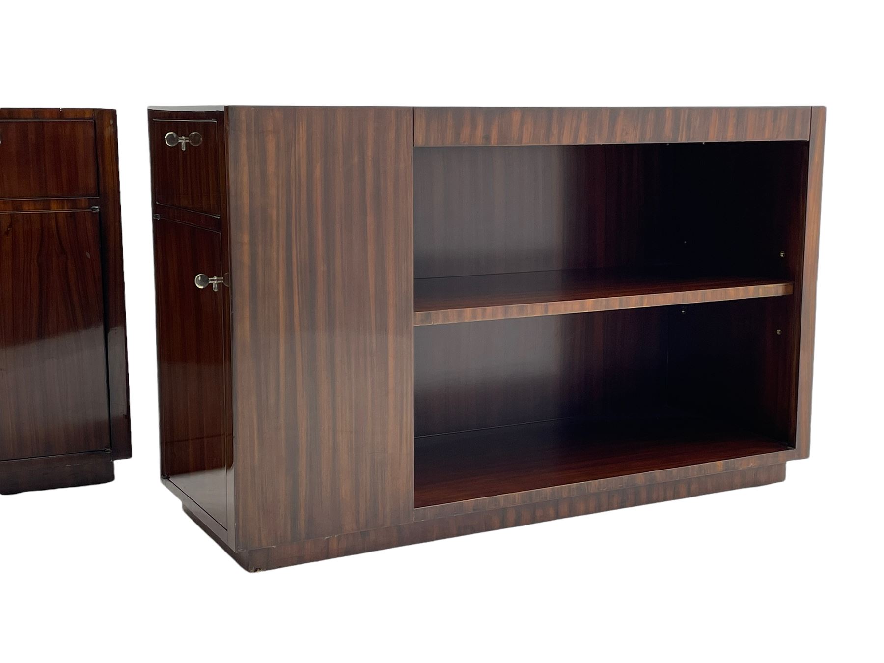 Ralph Lauren - pair 'Metropolis' Art Deco design end-tables, rosewood finish box frame with smoke glass inset, each fitted with cupboard, drawer and shelf