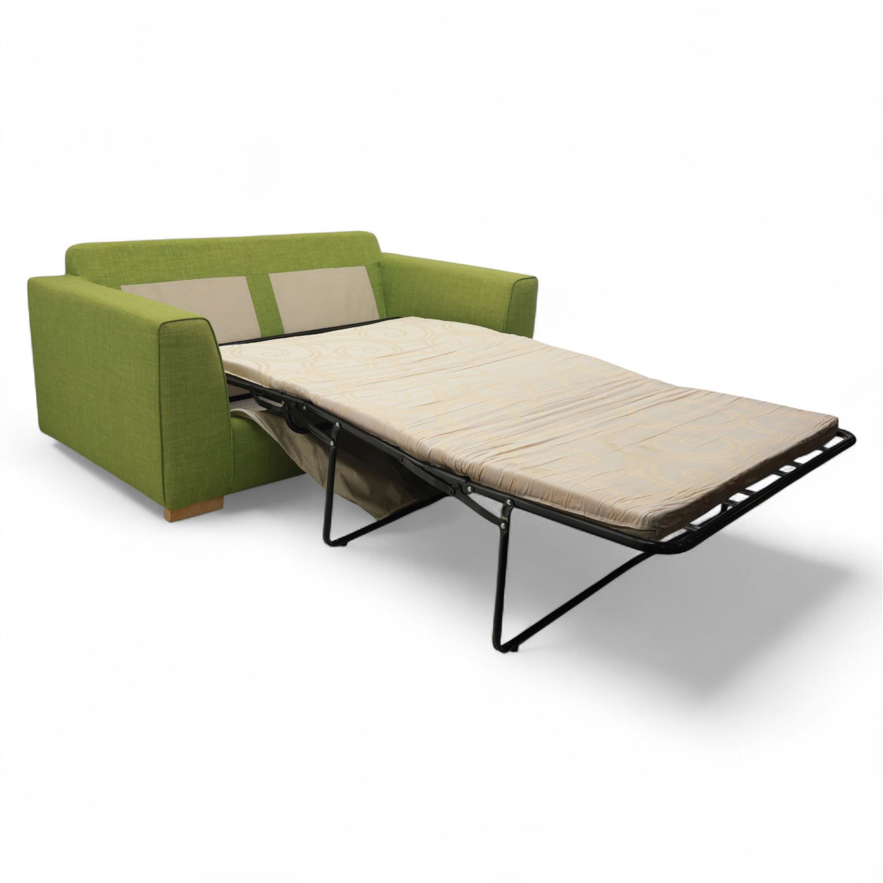 Contemporary lime green upholstered sofa bed, with rectangular arms and two seat cushions, the back with two stitched backrest cushions, on low block feet