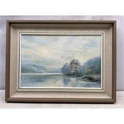Mary Wastie (Cornish 1935-): Sunshine Over a Lake, oil on canvas signed 29cm x 44cm