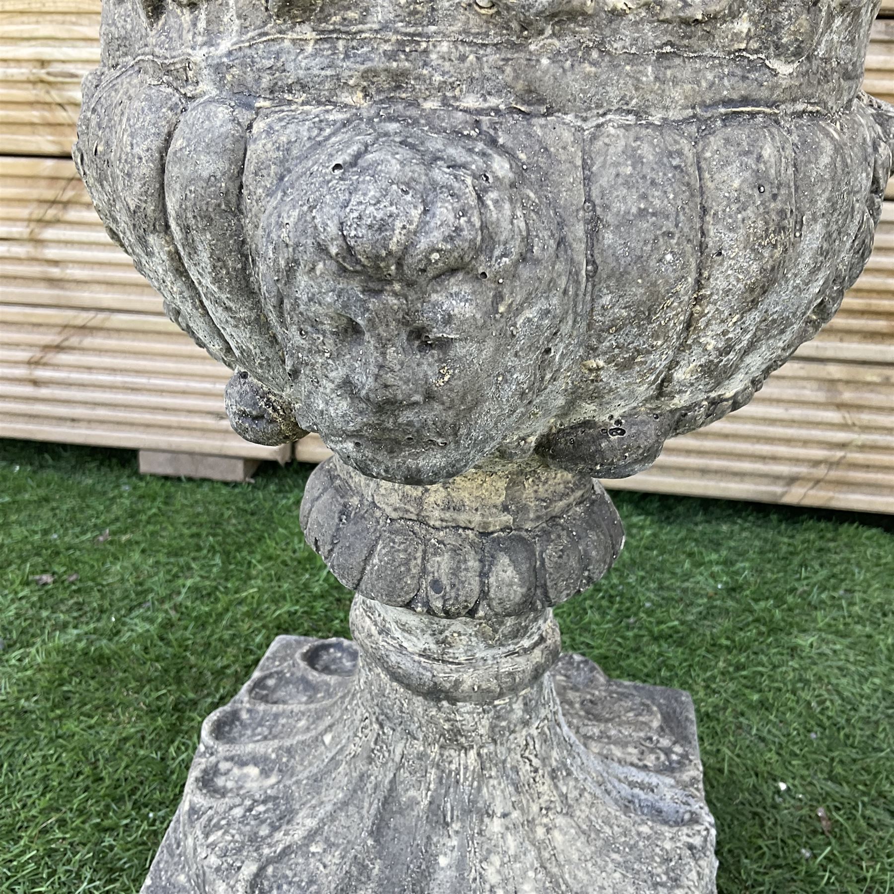 Pair of ornate Victorian style urns on plinth base, D40, H105 - THIS LOT IS TO BE COLLECTED BY APPOINTMENT FROM DUGGLEBY STORAGE, GREAT HILL, EASTFIELD, SCARBOROUGH, YO11 3TX