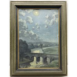 Hurst Balmford (British 1871-1950): 'Grassington Bridge by Moonlight', oil on canvas board unsigned, original title label verso 51cm x 35cm