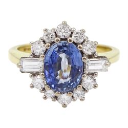 18ct gold oval sapphire, baguette and round brilliant cut diamond cluster ring, Birmingham 1991, sapphire approx 1.35, total diamond weight approx 0.50 carat