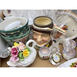 Large Swan pottery vase with a bouquet of dry flowers together with  oblong crystal bowl, Stuart crystal vase, Poole pottery cups and plate etc