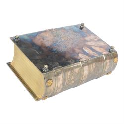 Late Victorian silver plated novelty biscuit box modelled as a presentation book, by Deykin & Sons, Birmingham, the spine engraved 'BISCUITS', the hinged cover with chased foliate decoration and mounted gilt bow secured by a gilt clasp with registration lozenge, opening to reveal a gilt interior with hinged scroll pierced grille, including bow H10.5cm W21.5cm D14.5cm