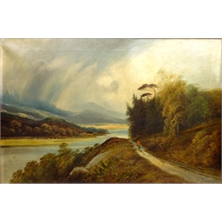  Figure Walking Down a Country Path alongside a River, 19th century oil on canvas signed F. Langey 60cm x 90cm  