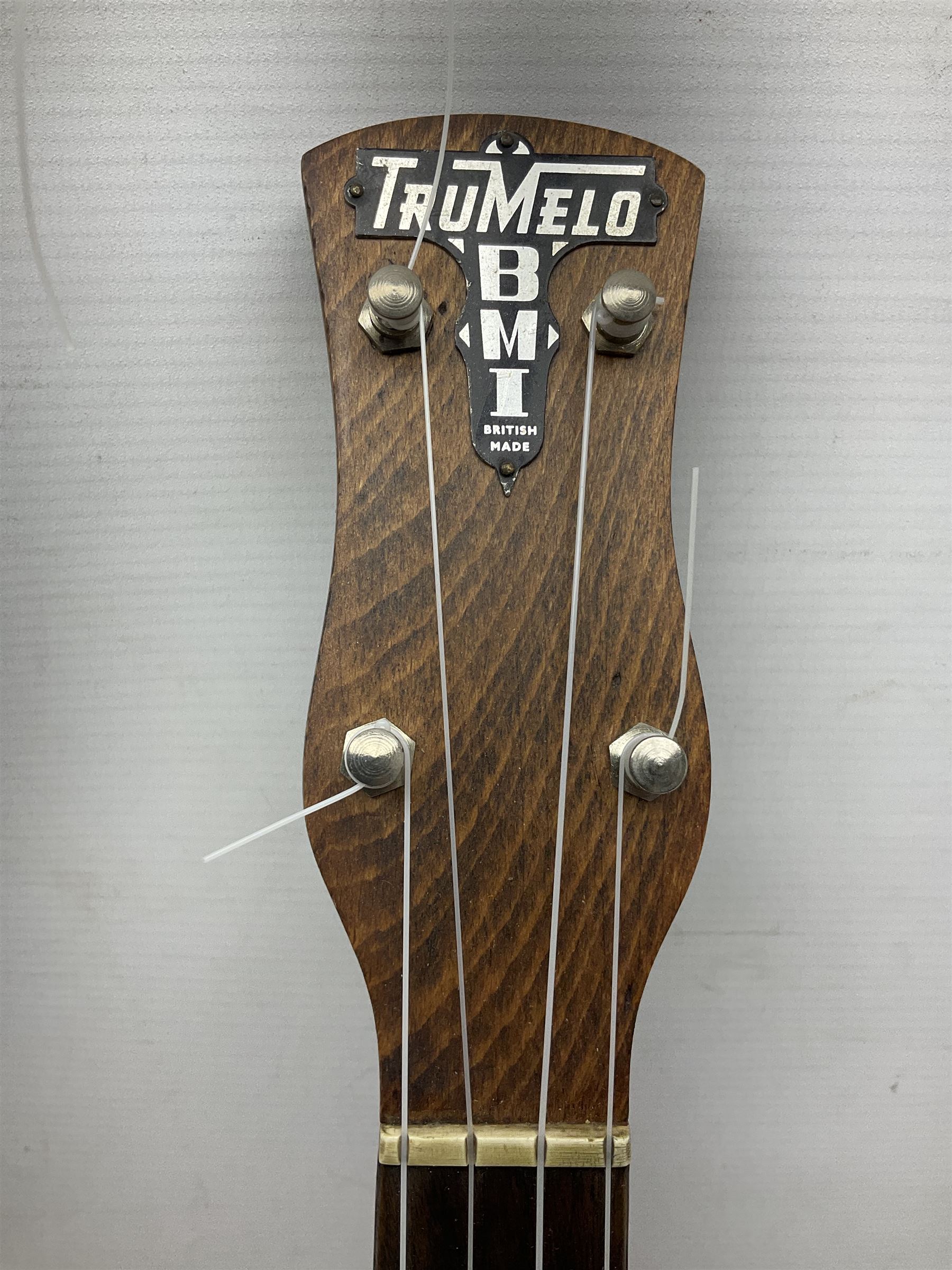 Trumelo BMI banjo ukulele no.3013 L58cm; in soft carrying case; and Kapok Brand guitar shaped ukulele L51cm (2)