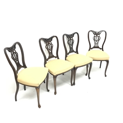 Set four late Victorian mahogany dining chairs, shaped, carved and pierced back, upholstered seat, cabriole legs, W45cm 