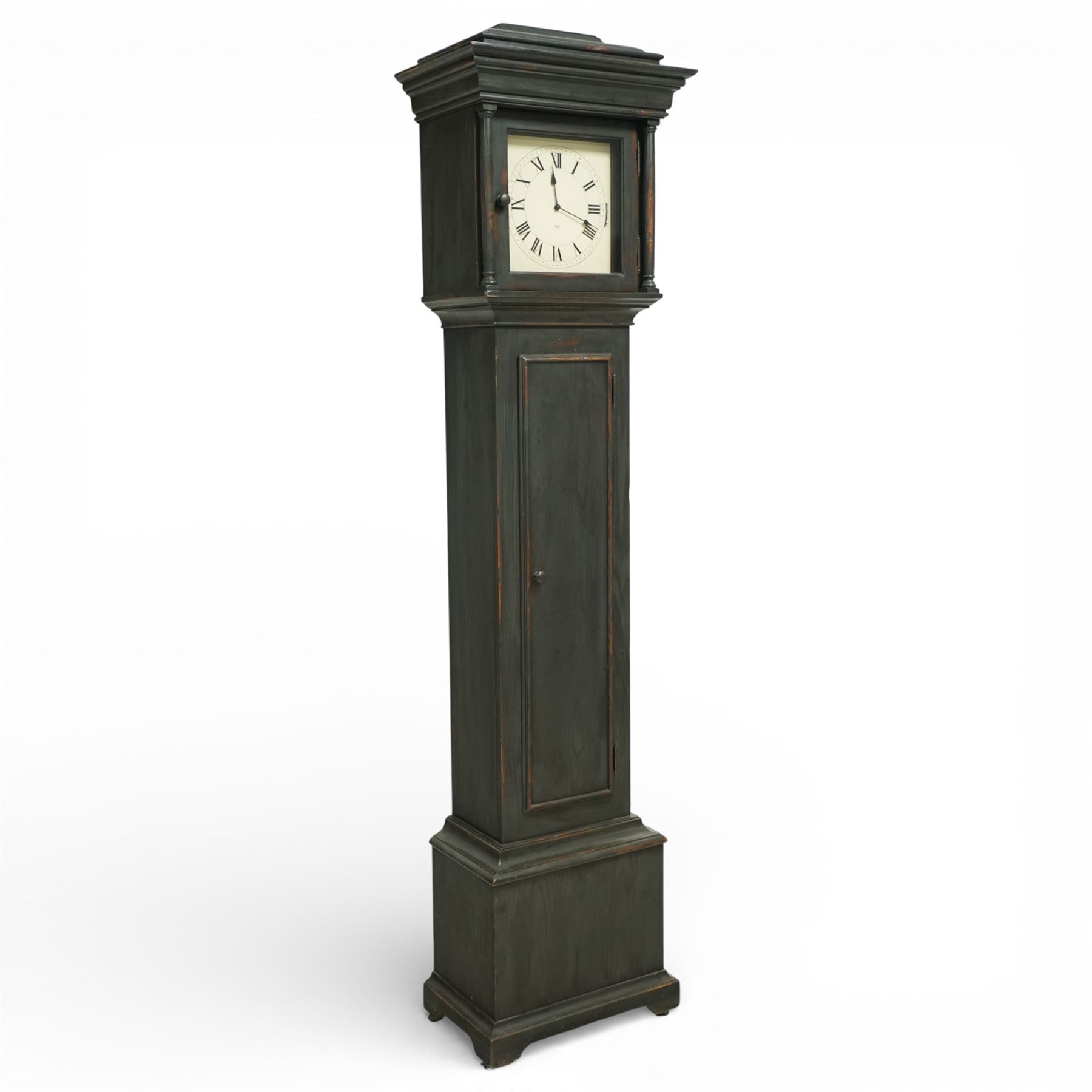 20th century Sligh longcase clock, the painted rectangular case with stepped and moulded hood enclosing a square painted dial with Roman numerals and spade hands, the trunk with single panelled door and moulded plinth base, the eight day weight driven movement with brass plates, chain driven train, anchor escapement and outside countwheel striking mechanism, issuing on a series of tuned rods with pendulum and brass cased weights