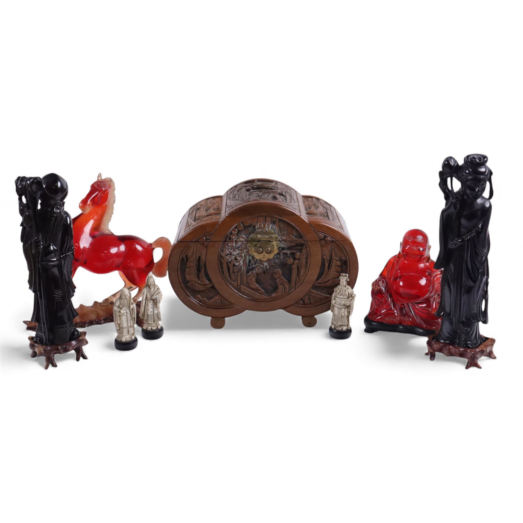 Pair of Chinese figures, modelled as Shou Xing and Quan Yin, togehter with a carved wooden box, resin horse and four other figures
