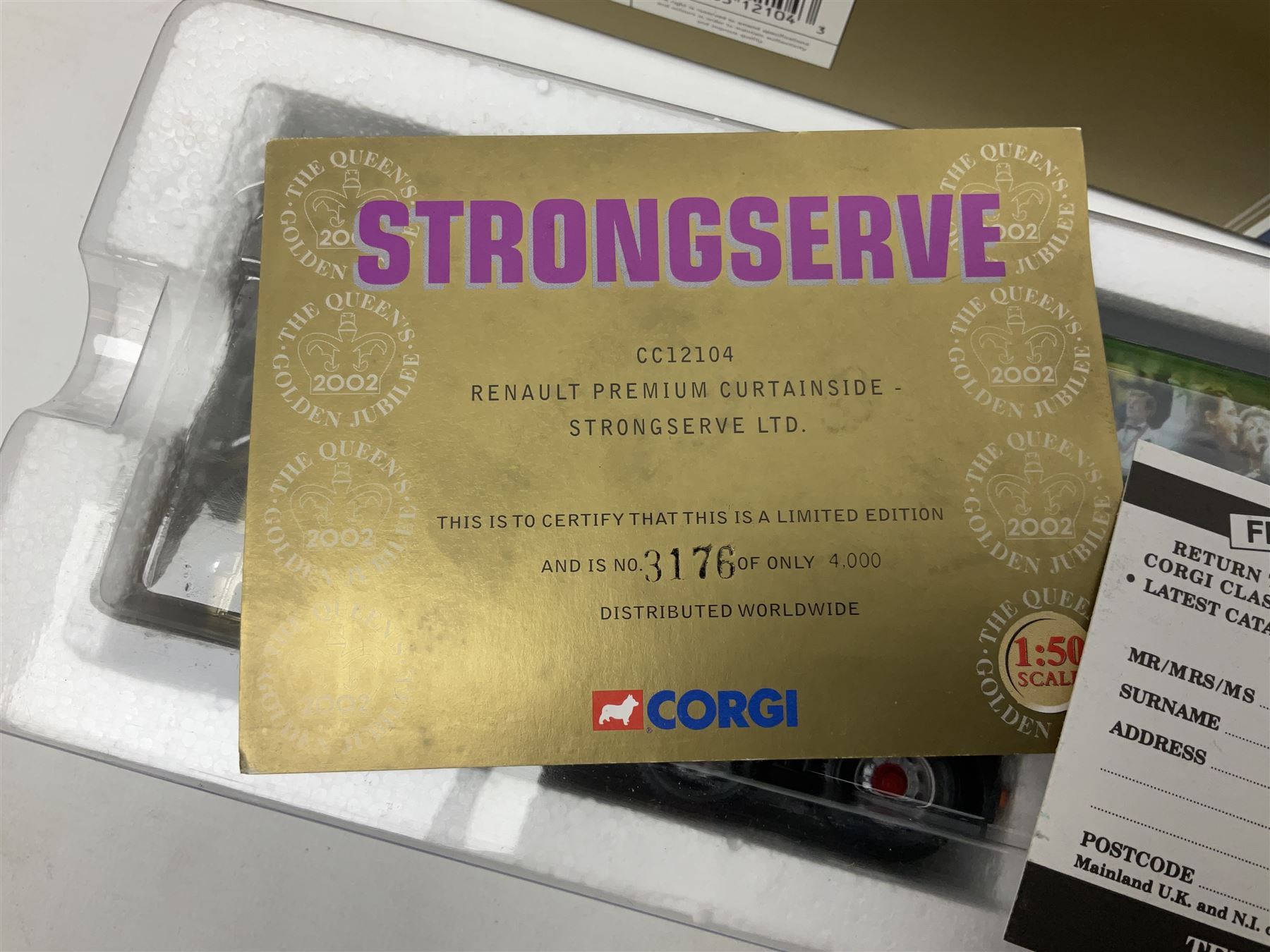 Corgi - three limited edition lorries comprising CC12901 Scania Topline Curtainside Eddie Stobart Limited; CC12104 Renault Premium Curtainside Strongserve Ltd; and 50703 Guinness Mack LJ with Fruehauf Trailer; all boxed (3)