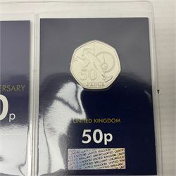 Queen Elizabeth II '50th Anniversary of the 50p 1969-2019' set of five fifty pence coins including 2019 Kew Gardens re-issue, each housed on Change Checker card